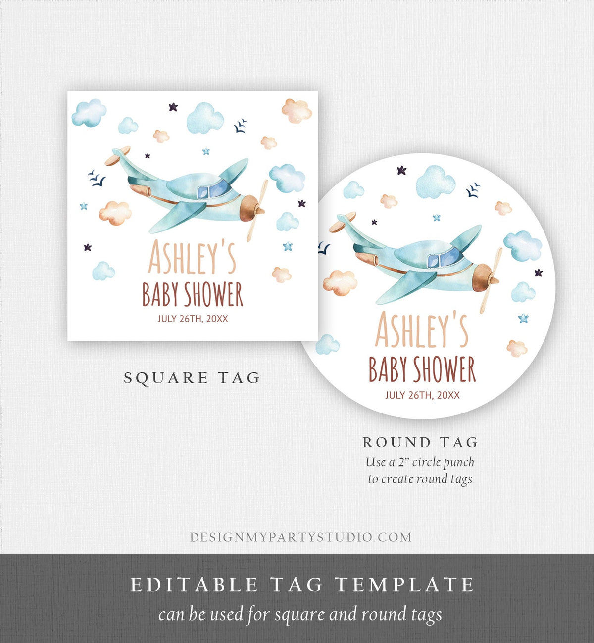 Editable Airplane Thank You Favor Tags Baby Shower Vintage Travel Adventure Blue Stickers Neutral Download Corjl Template Printable 0185