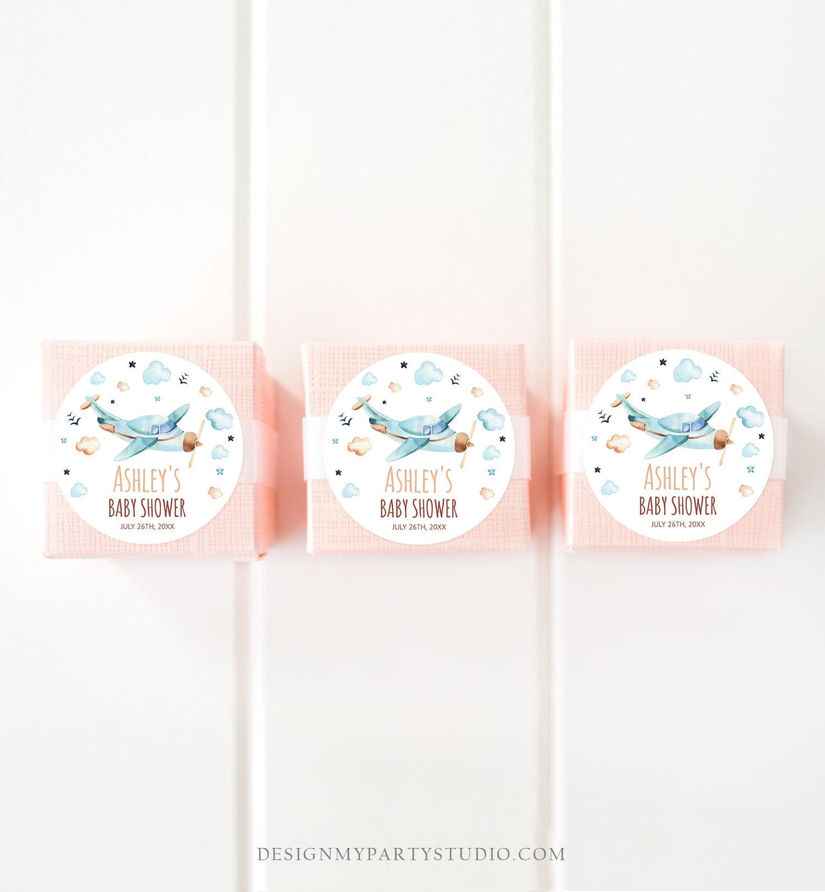 Editable Airplane Thank You Favor Tags Baby Shower Vintage Travel Adventure Blue Stickers Neutral Download Corjl Template Printable 0185