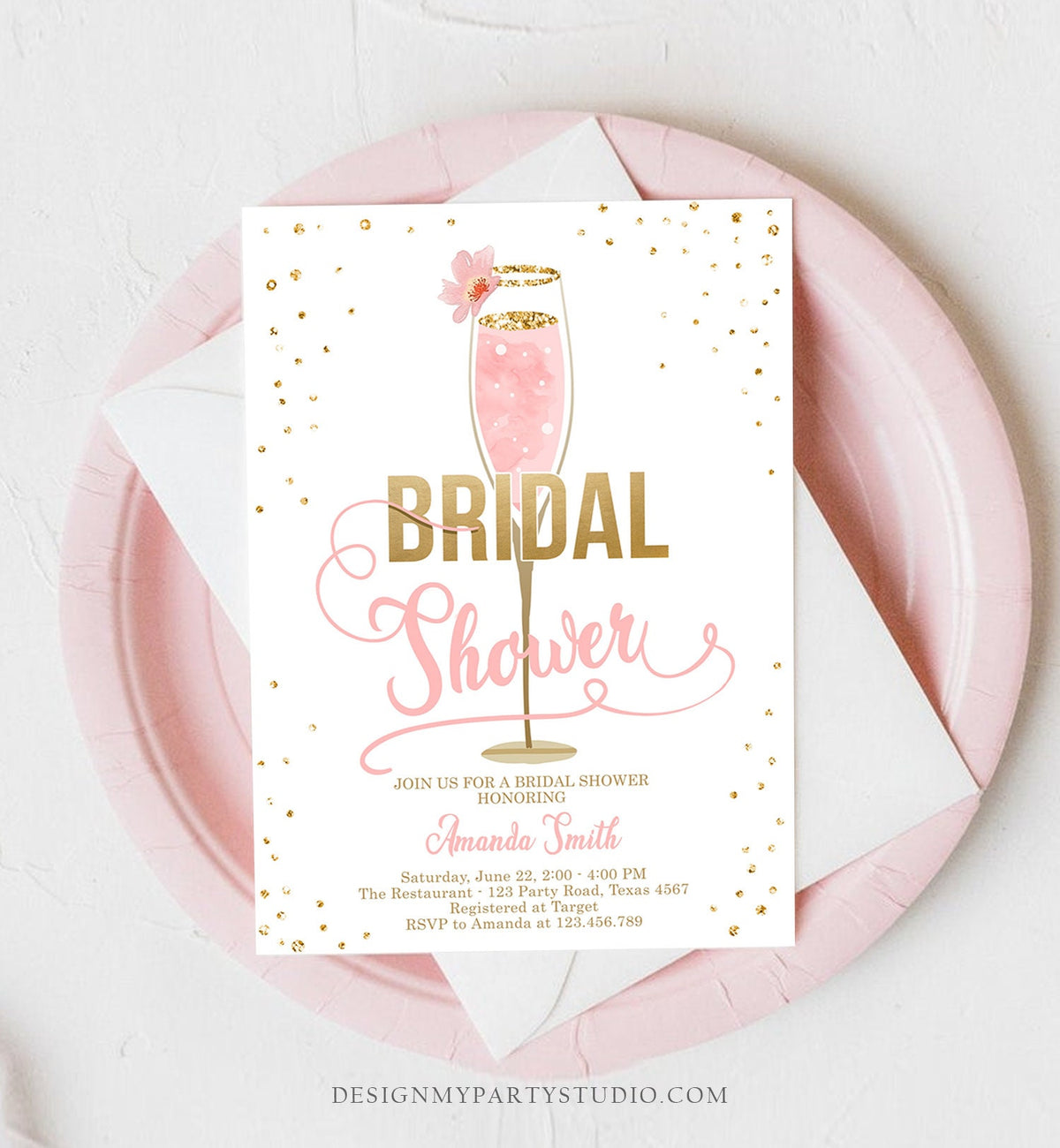 Editable Brunch and Bubbly Bridal Shower Invitation Floral Champagne Gold Pink Wedding Download Printable Template Digital Corjl 0150