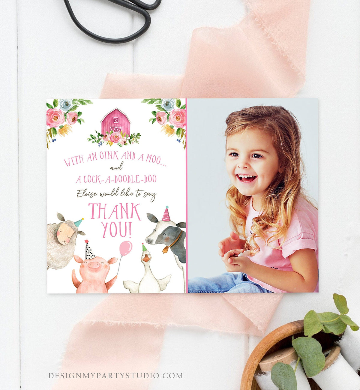 Editable Farm Animals Thank You Card Pink Gingham Farm Birthday Girl Barnyard Thank You Card Birthday Template Instant Download Corjl 0155