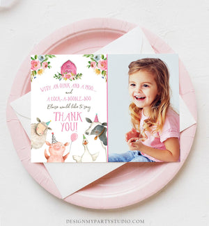 Editable Farm Animals Thank You Card Pink Gingham Farm Birthday Girl Barnyard Thank You Card Birthday Template Instant Download Corjl 0155