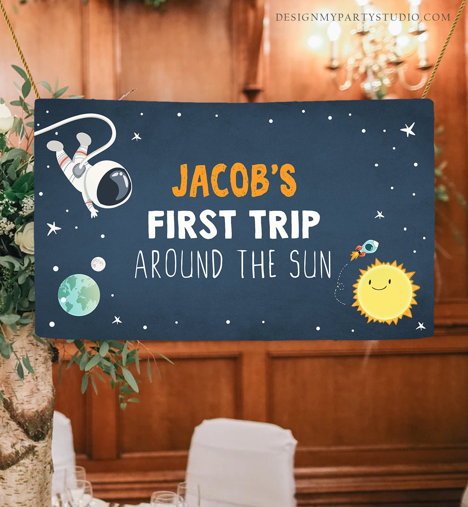 Editable Outer Space Backdrop Banner Astronaut Birthday Boy First Trip Around the Sun Galaxy Planets Download Template Printable 0046