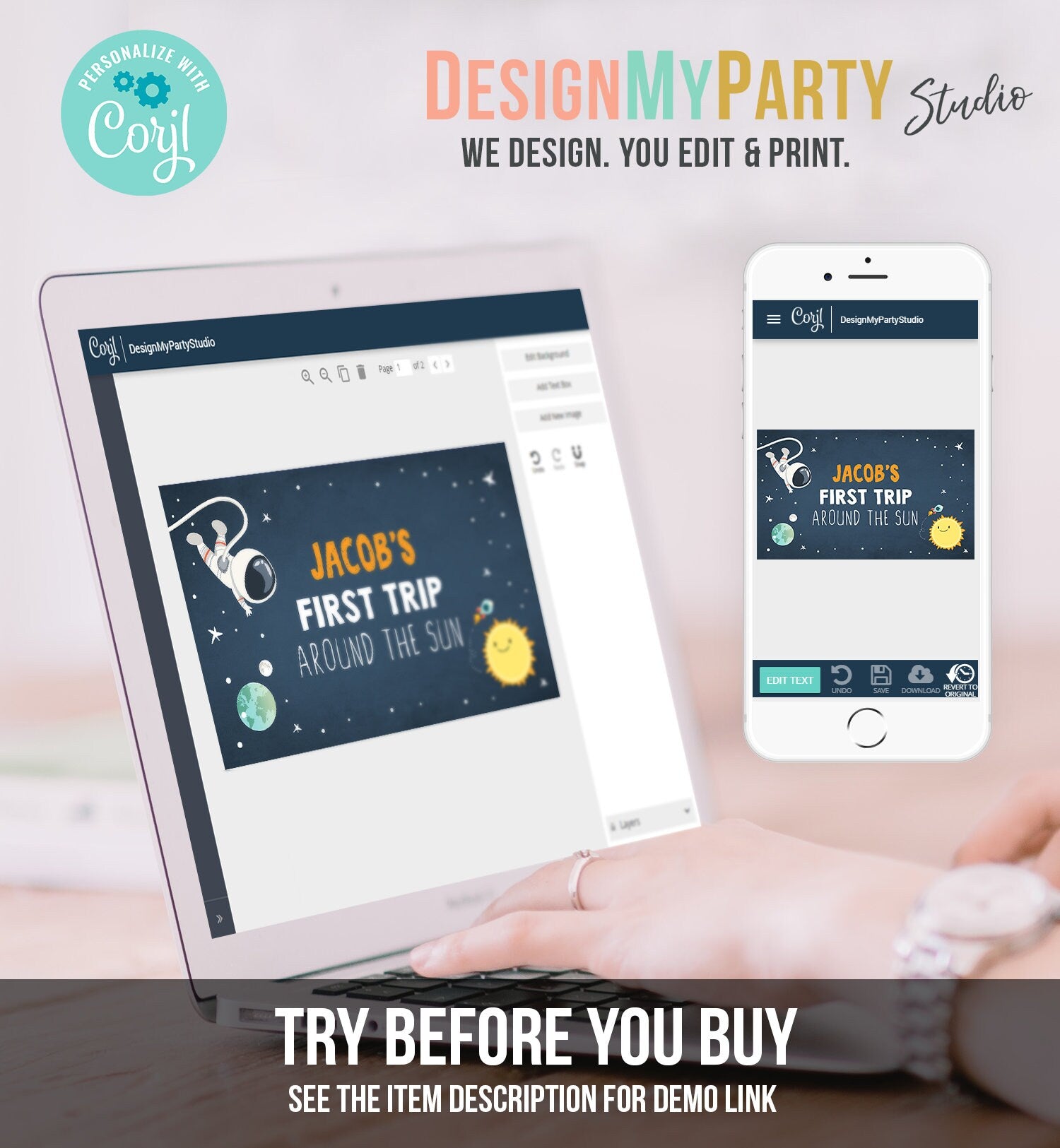 Editable Outer Space Backdrop Banner Astronaut Birthday Boy First Trip Around the Sun Galaxy Planets Download Template Printable 0046