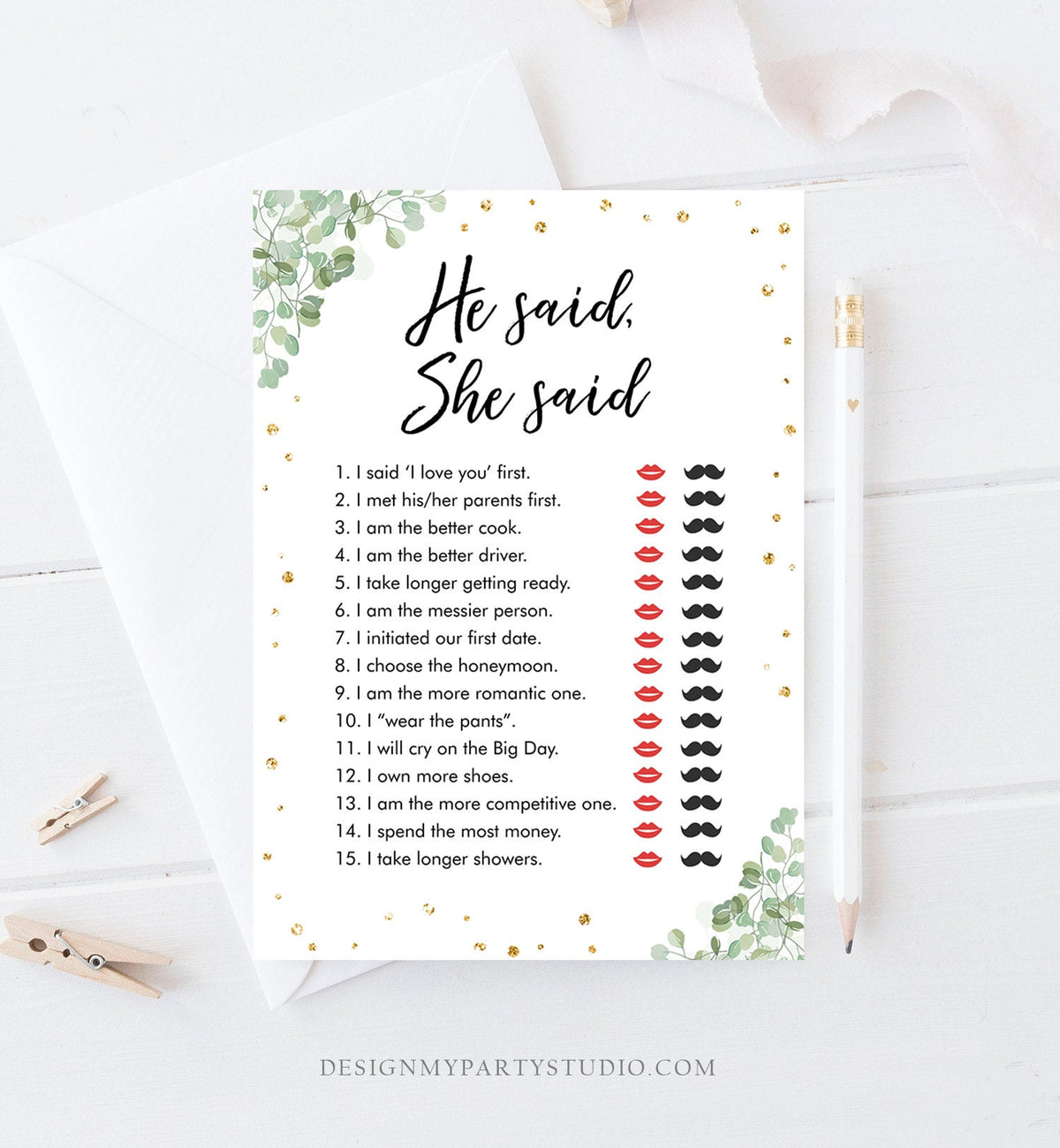 Editable He Said She Said Bridal Shower Game Eucalyptus Travel Bride or Groom Wedding Shower Who said it Game Corjl Template Printable 0030