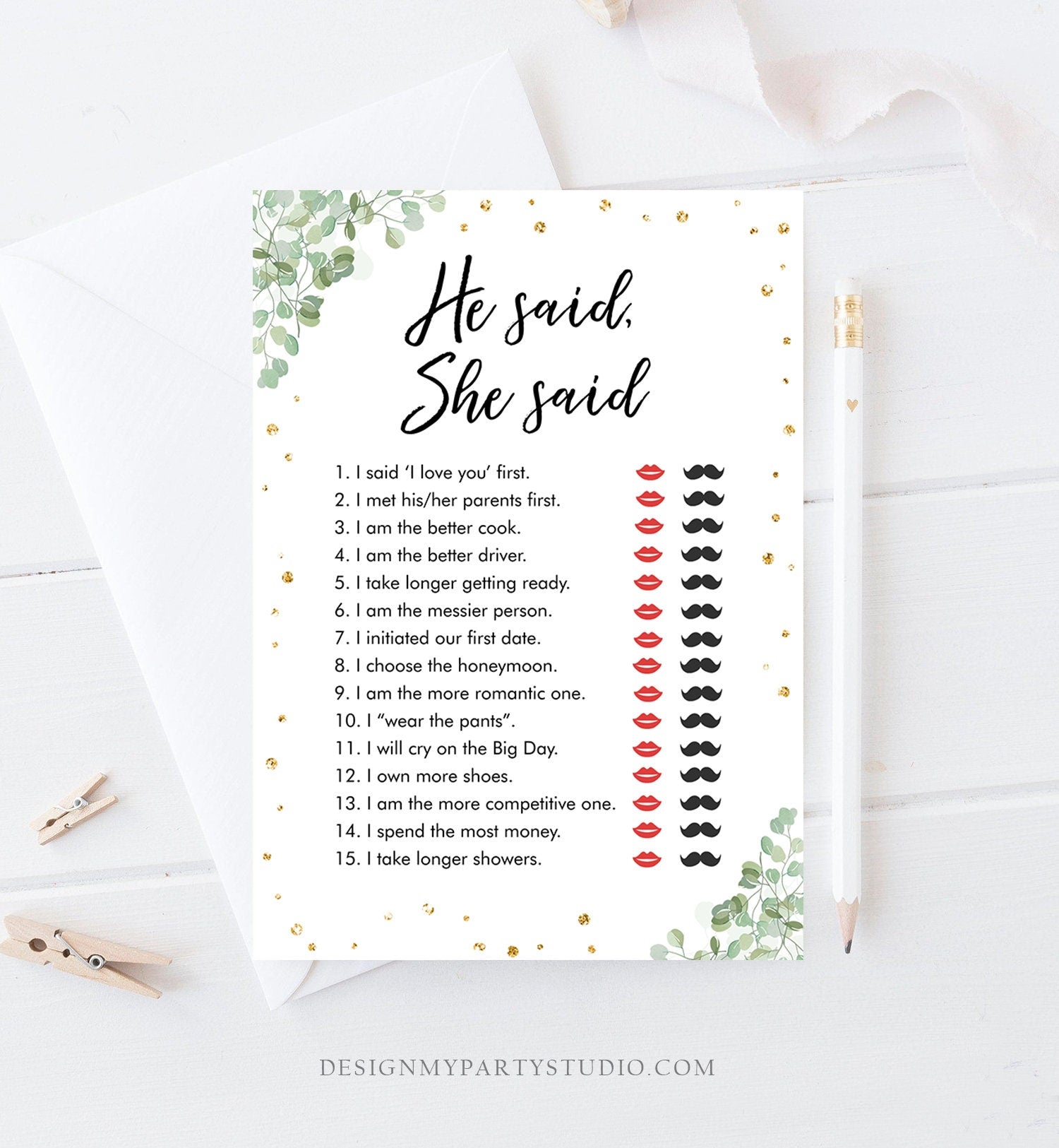 Editable He Said She Said Bridal Shower Game Eucalyptus Travel Bride or Groom Wedding Shower Who said it Game Corjl Template Printable 0030