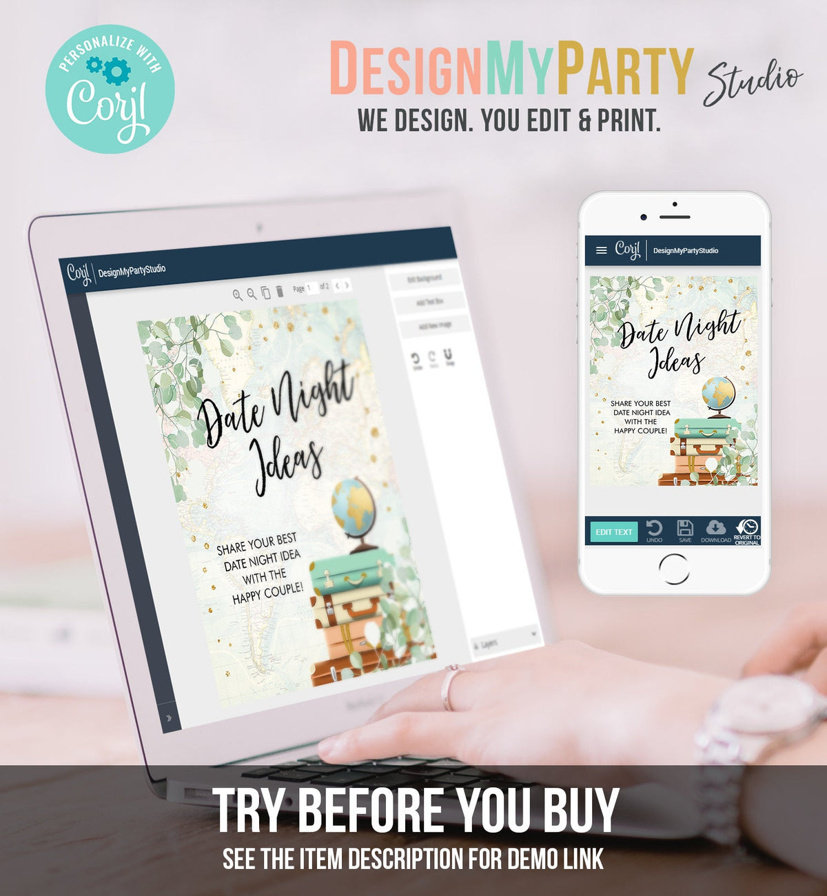 Editable Date Night Ideas Bridal Shower Game Eucalyptus Travel Adventure Greenery Gold Date Jar Sign Download Corjl Template Printable 0030