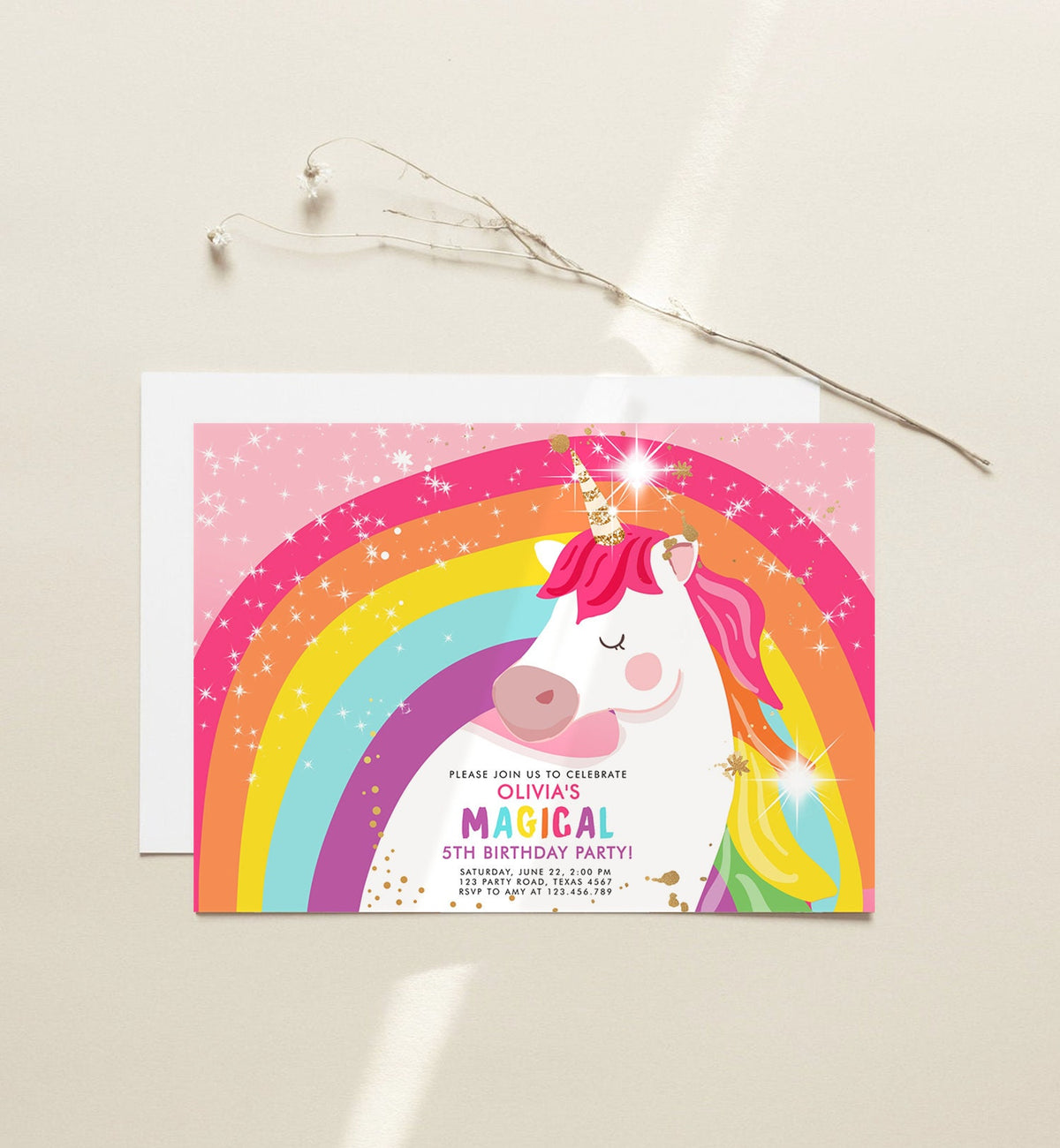 Editable Unicorn Birthday Invitation Magical Unicorn Party Girl Pink Gold Unicorn Invite Rainbow Printable Corjl Template Digital 0323