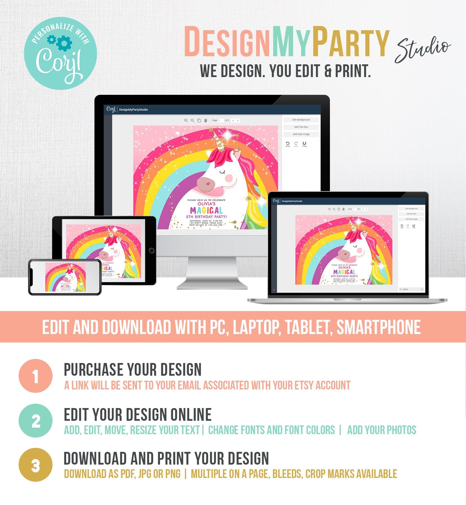 Editable Unicorn Birthday Invitation Magical Unicorn Party Girl Pink Gold Unicorn Invite Rainbow Printable Corjl Template Digital 0323