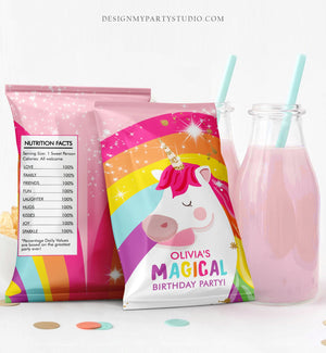 Editable Unicorn Chip Bag Magical Unicorn Birthday Party Decor Girl Rainbow Party Snack Unicorn Favors Gold Digital Corjl Template 0323