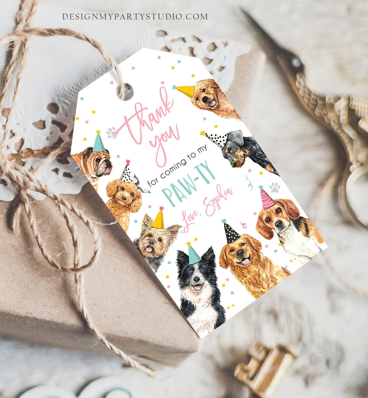 Editable Puppy Favor tags Puppy Dog Birthday Thank you tag Girl Pink Puppies Pup Pet Vet Animal Doggy Shelter Template Printable 0384