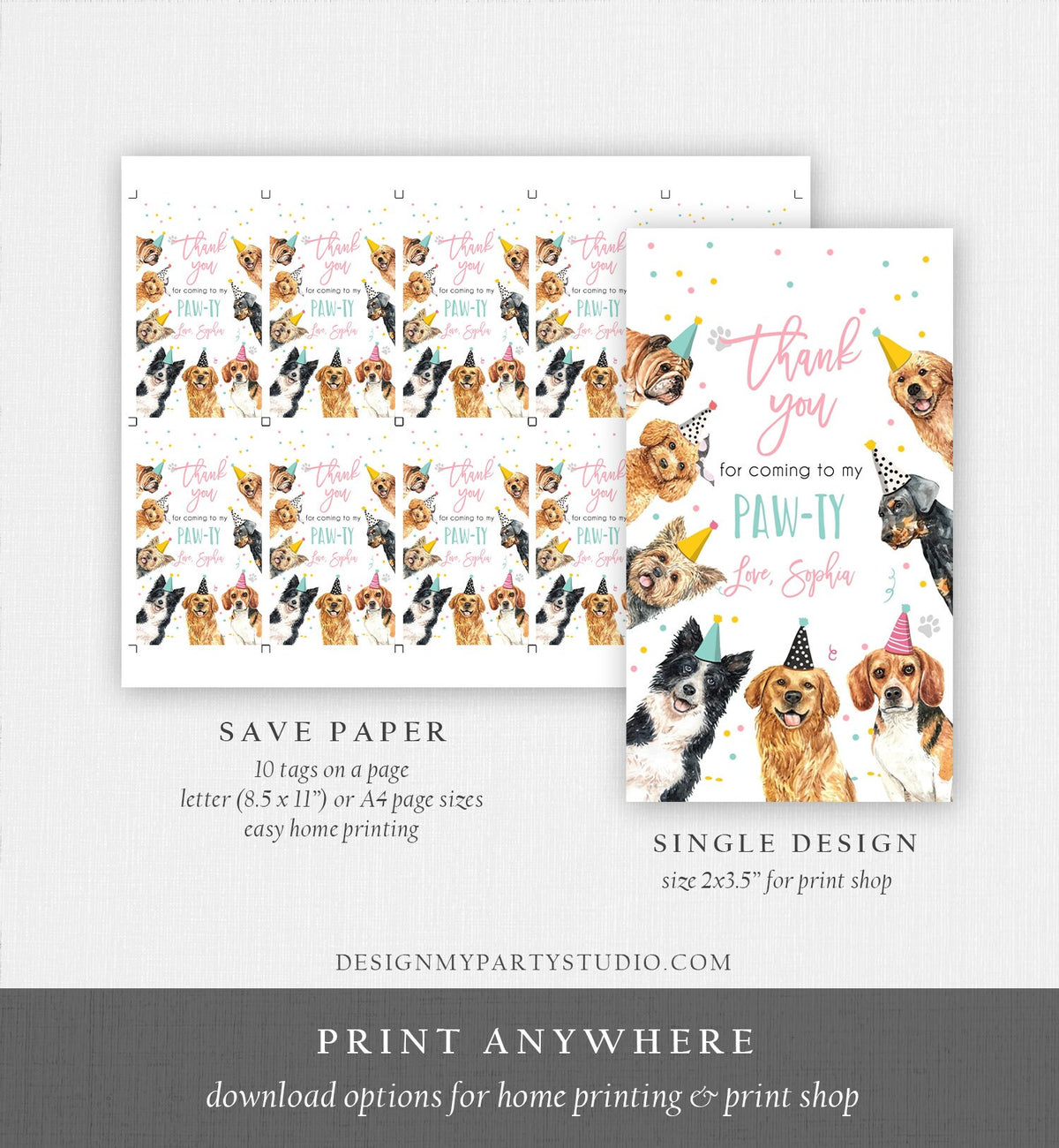 Editable Puppy Favor tags Puppy Dog Birthday Thank you tag Girl Pink Puppies Pup Pet Vet Animal Doggy Shelter Template Printable 0384