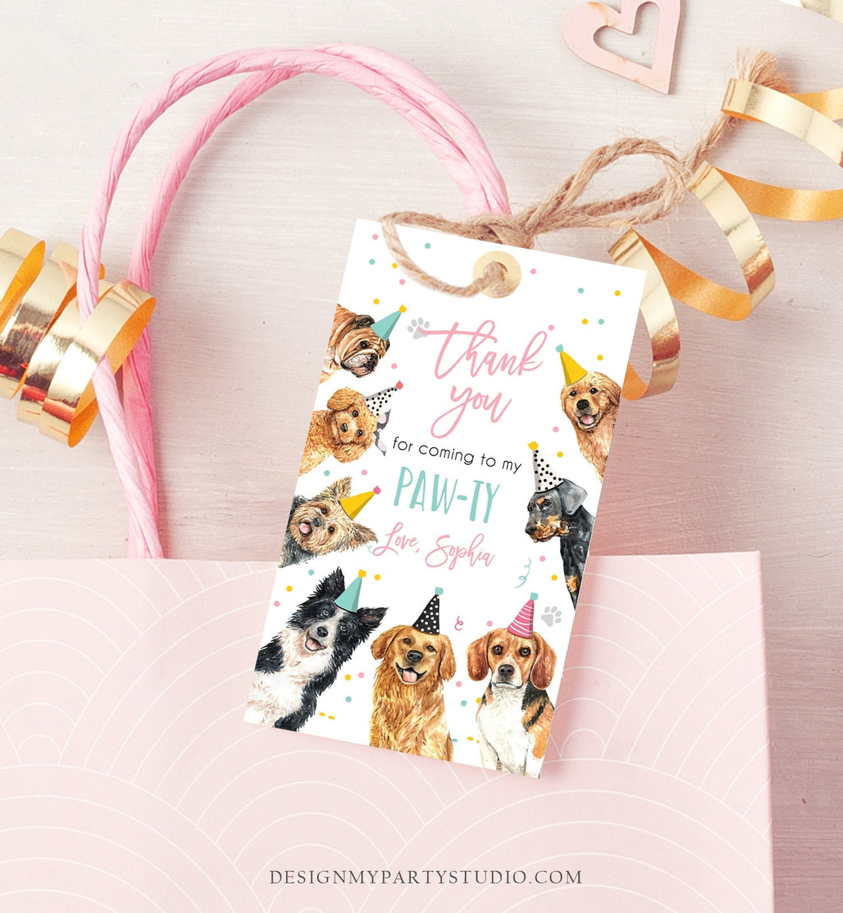 Editable Puppy Favor tags Puppy Dog Birthday Thank you tag Girl Pink Puppies Pup Pet Vet Animal Doggy Shelter Template Printable 0384