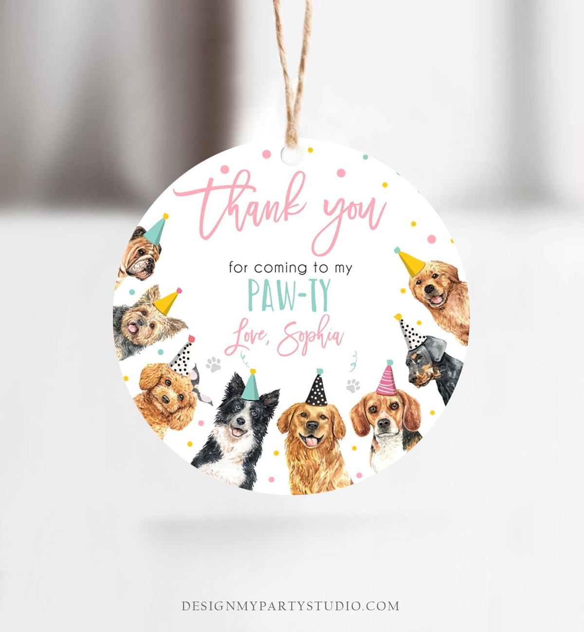Editable Puppy Favor Tag Puppy Dog Birthday Thank you tag Girl Pink Puppies Pup Pet Vet Animal Doggy Shelter Digital Template Printable 0384