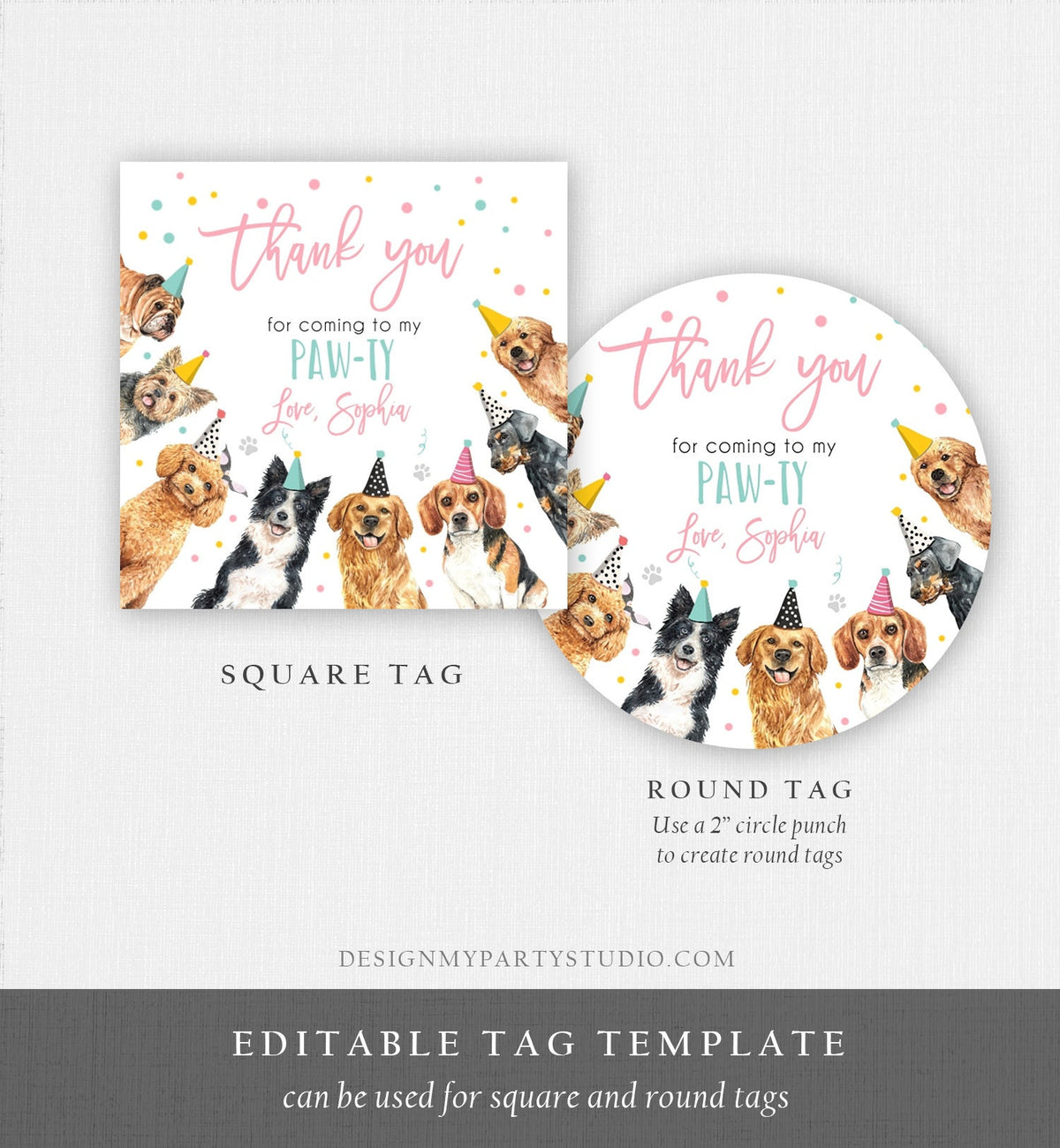 Editable Puppy Favor Tag Puppy Dog Birthday Thank you tag Girl Pink Puppies Pup Pet Vet Animal Doggy Shelter Digital Template Printable 0384