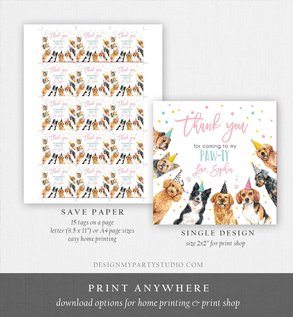 Editable Puppy Favor Tag Puppy Dog Birthday Thank you tag Girl Pink Puppies Pup Pet Vet Animal Doggy Shelter Digital Template Printable 0384