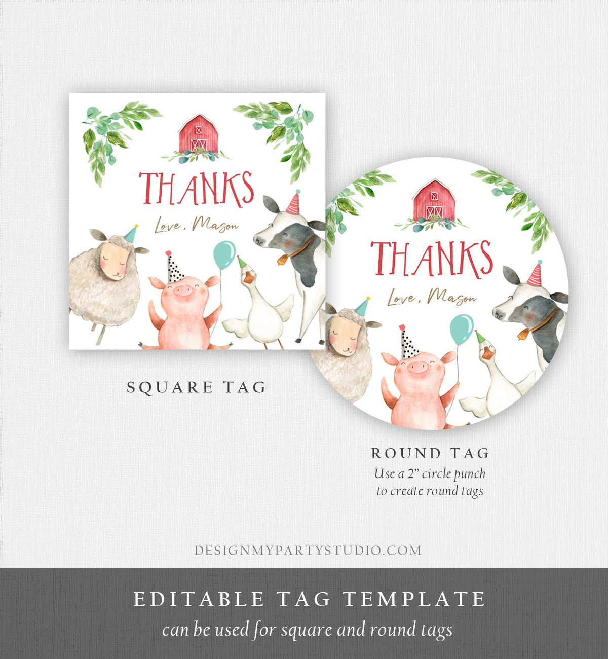 Editable Farm Animals Thank You Tags Boy Birthday Red Barn Barnyard Stickers Farm Birthday Decor Favor Tags Cow Pig Template Corjl 0155