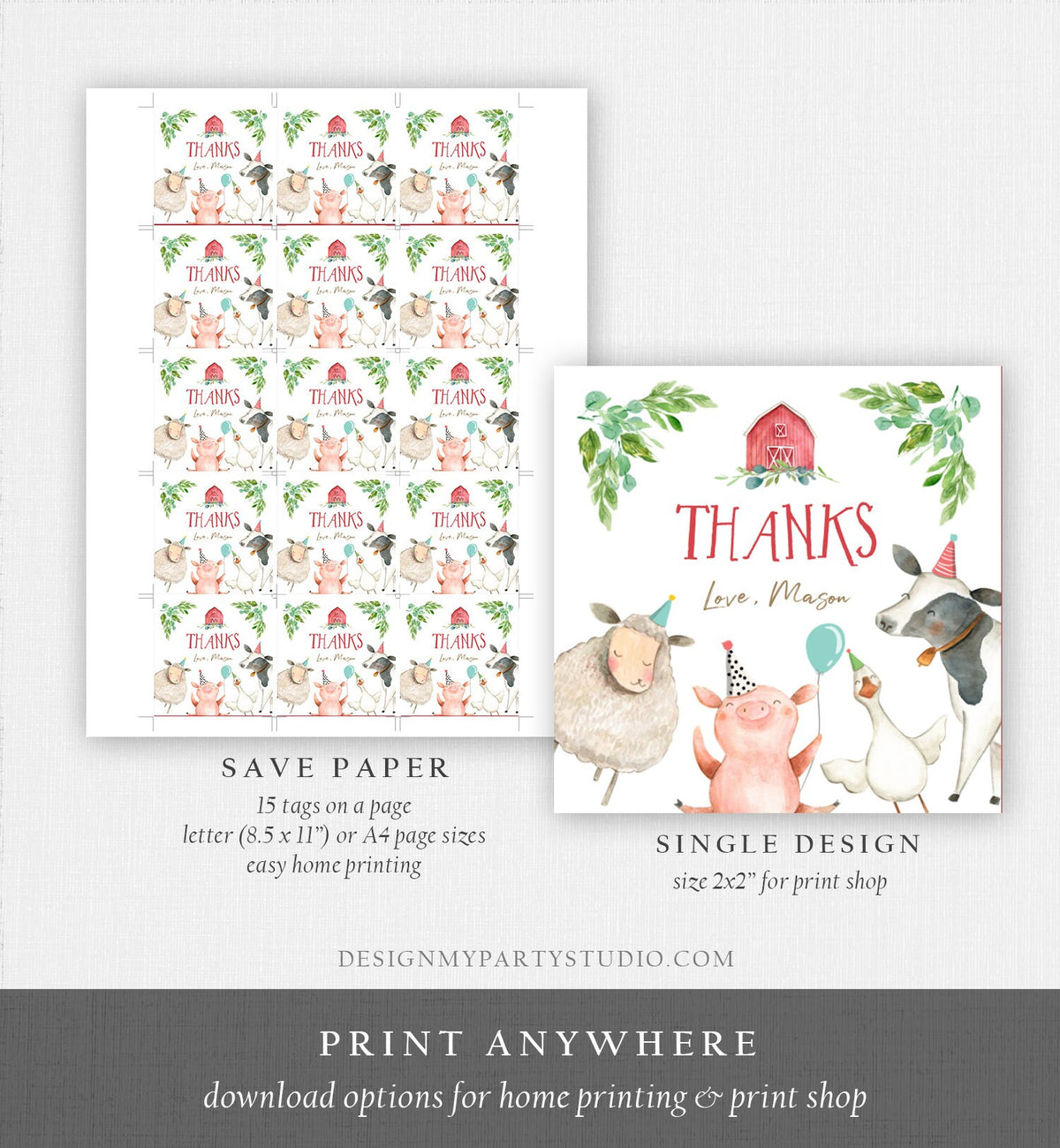 Editable Farm Animals Thank You Tags Boy Birthday Red Barn Barnyard Stickers Farm Birthday Decor Favor Tags Cow Pig Template Corjl 0155