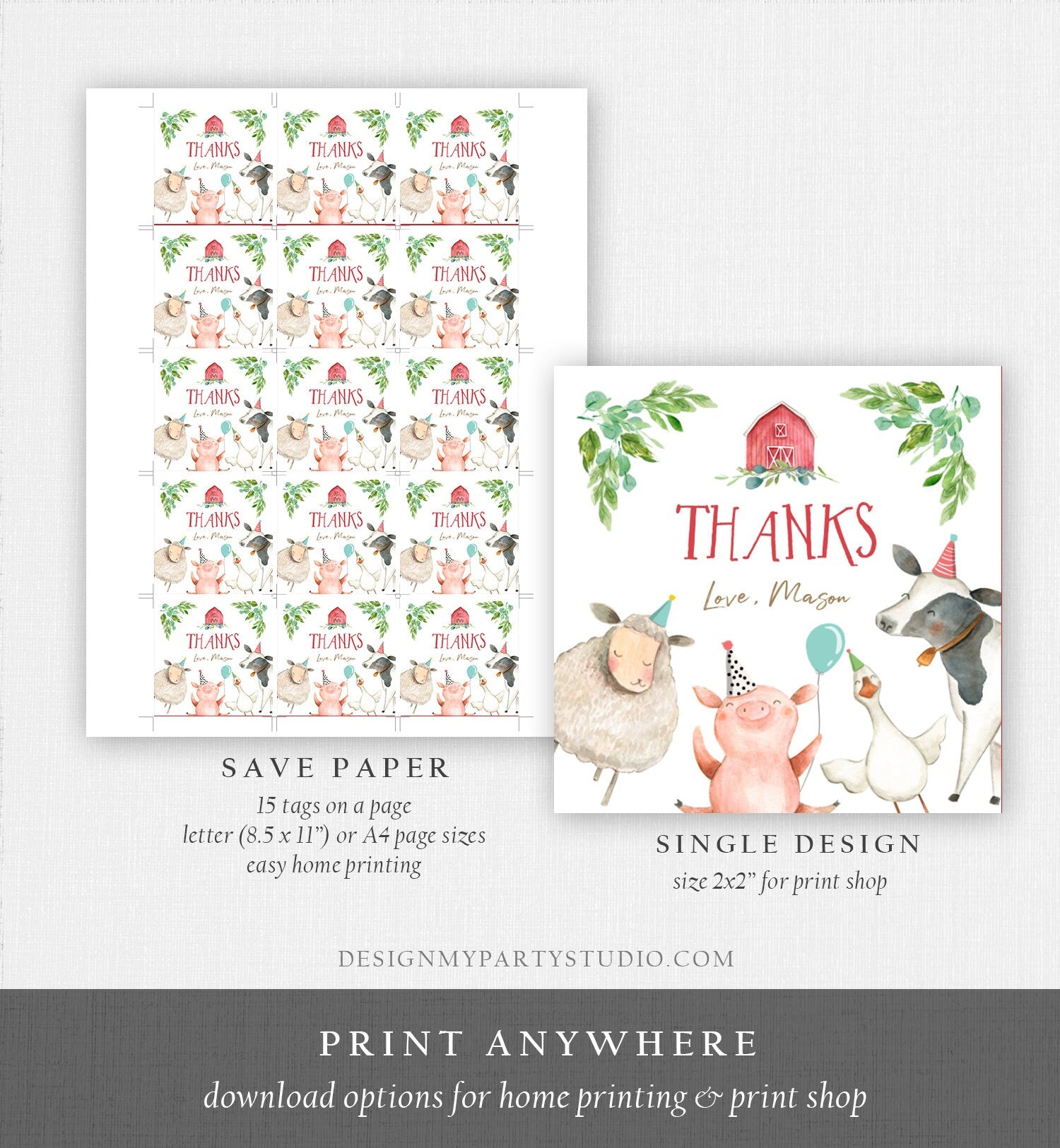 Editable Farm Animals Thank You Tags Boy Birthday Red Barn Barnyard Stickers Farm Birthday Decor Favor Tags Cow Pig Template Corjl 0155