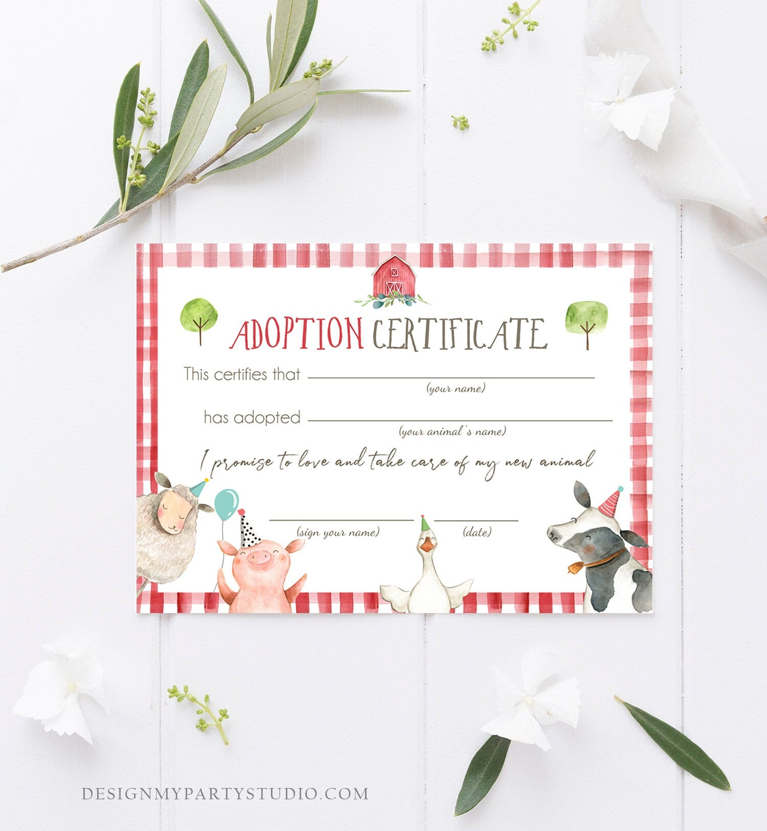 Adopt an Animal Adoption Certificate Farm Animals Adoption Red Barn Farm Birthday Party Barnyard Boy Download Digital PRINTABLE 0155