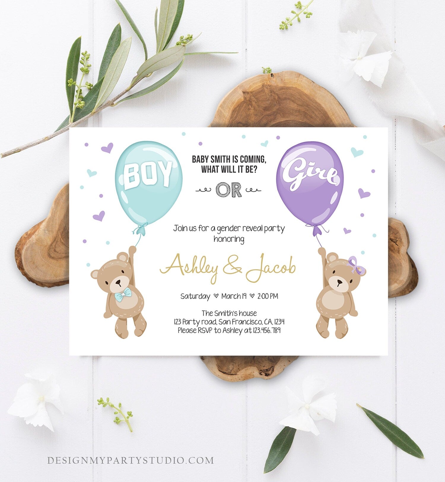 Editable Gender Reveal Invitation Teddy Bear Boy or Girl Blue Purple Violet Lavender He or She Bear Download Printable Template Corjl 0025