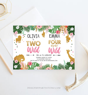 Editable Two Wild Four Ever Wild Birthday Invitation Safari Animals Girl Pink Gold Coed Dual Combined Party Corjl Template Printable 0016