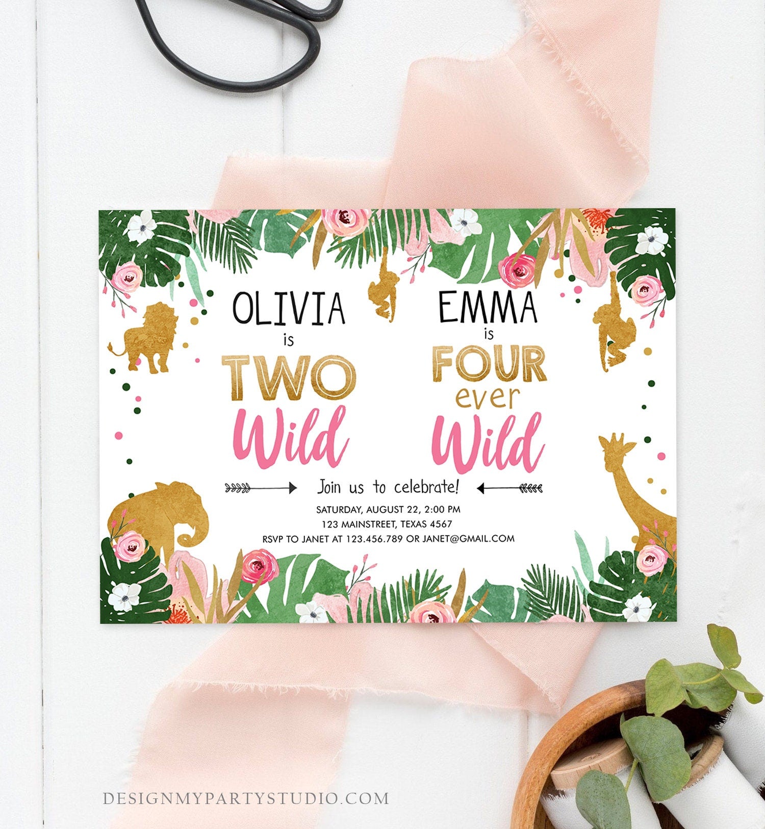 Editable Two Wild Four Ever Wild Birthday Invitation Safari Animals Girl Pink Gold Coed Dual Combined Party Corjl Template Printable 0016