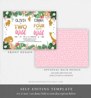 Editable Two Wild Four Ever Wild Birthday Invitation Safari Animals Girl Pink Gold Coed Dual Combined Party Corjl Template Printable 0016
