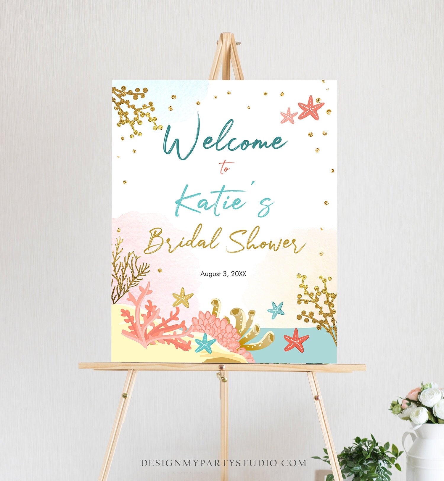 Editable Beach Welcome Sign Couples Shower Welcome Beach Bridal Shower Ocean Nautical Wedding Starfish Coral Corjl Template Printable 0129