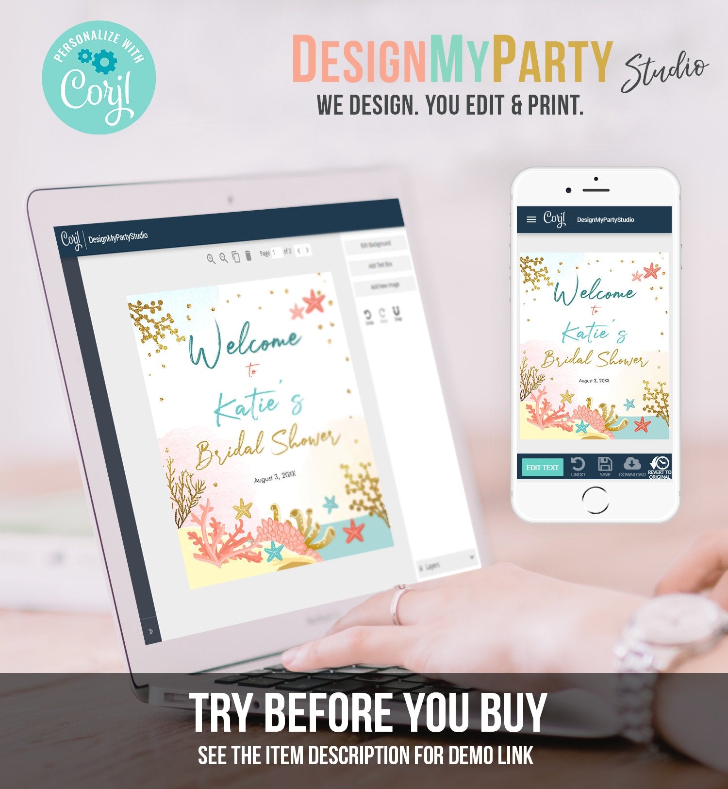 Editable Beach Welcome Sign Couples Shower Welcome Beach Bridal Shower Ocean Nautical Wedding Starfish Coral Corjl Template Printable 0129