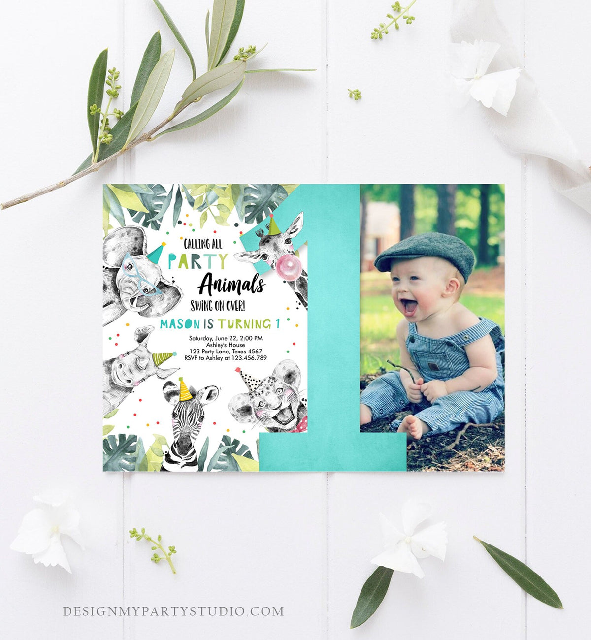 Editable Party Animals First Birthday Invitation Boy Safari Animals Wild One Calling all Animals Zoo Download Corjl Template Printable 0322