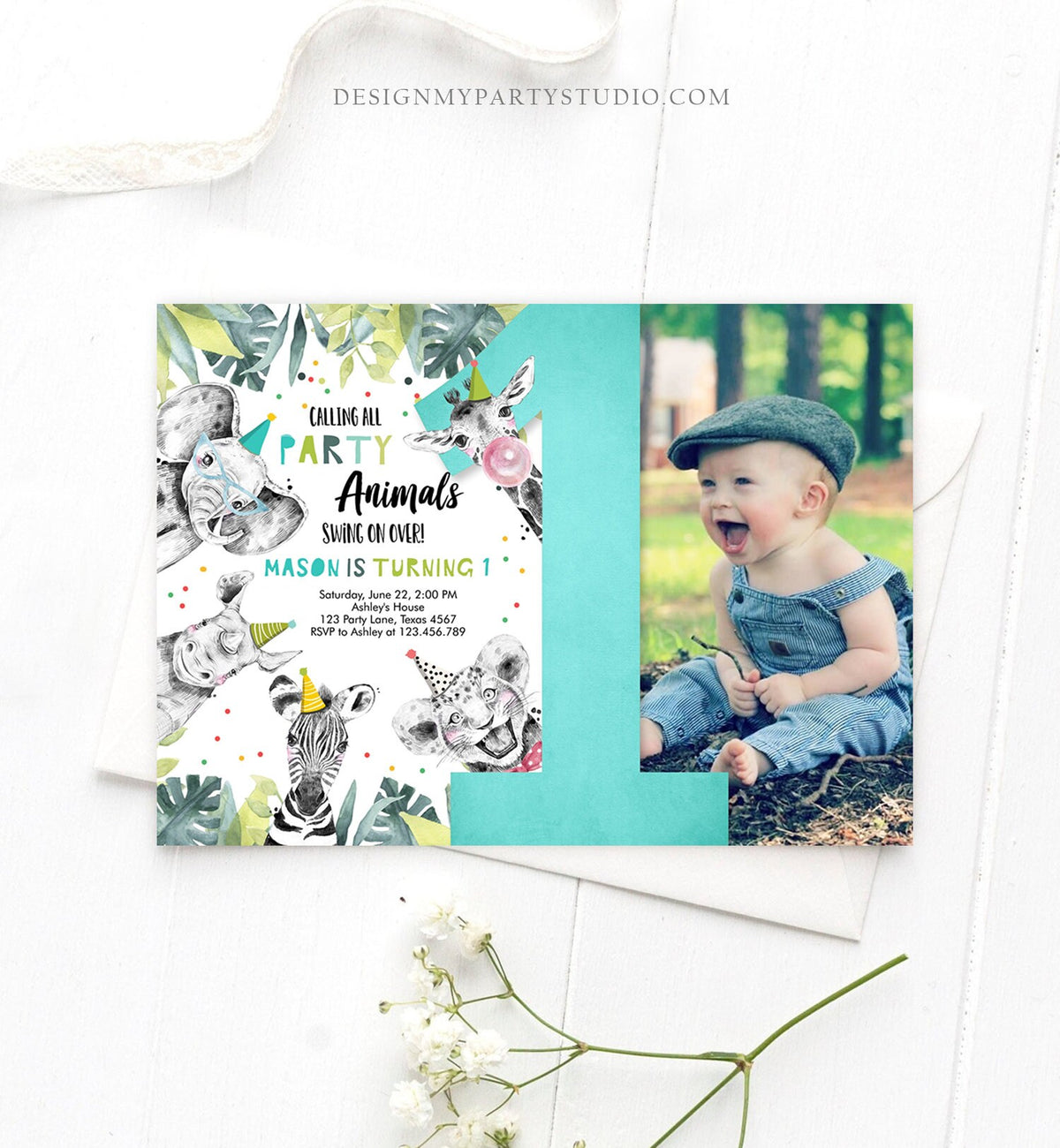 Editable Party Animals First Birthday Invitation Boy Safari Animals Wild One Calling all Animals Zoo Download Corjl Template Printable 0322