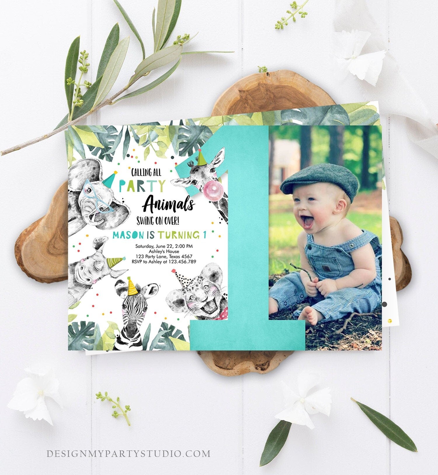 Editable Party Animals First Birthday Invitation Boy Safari Animals Wild One Calling all Animals Zoo Download Corjl Template Printable 0322