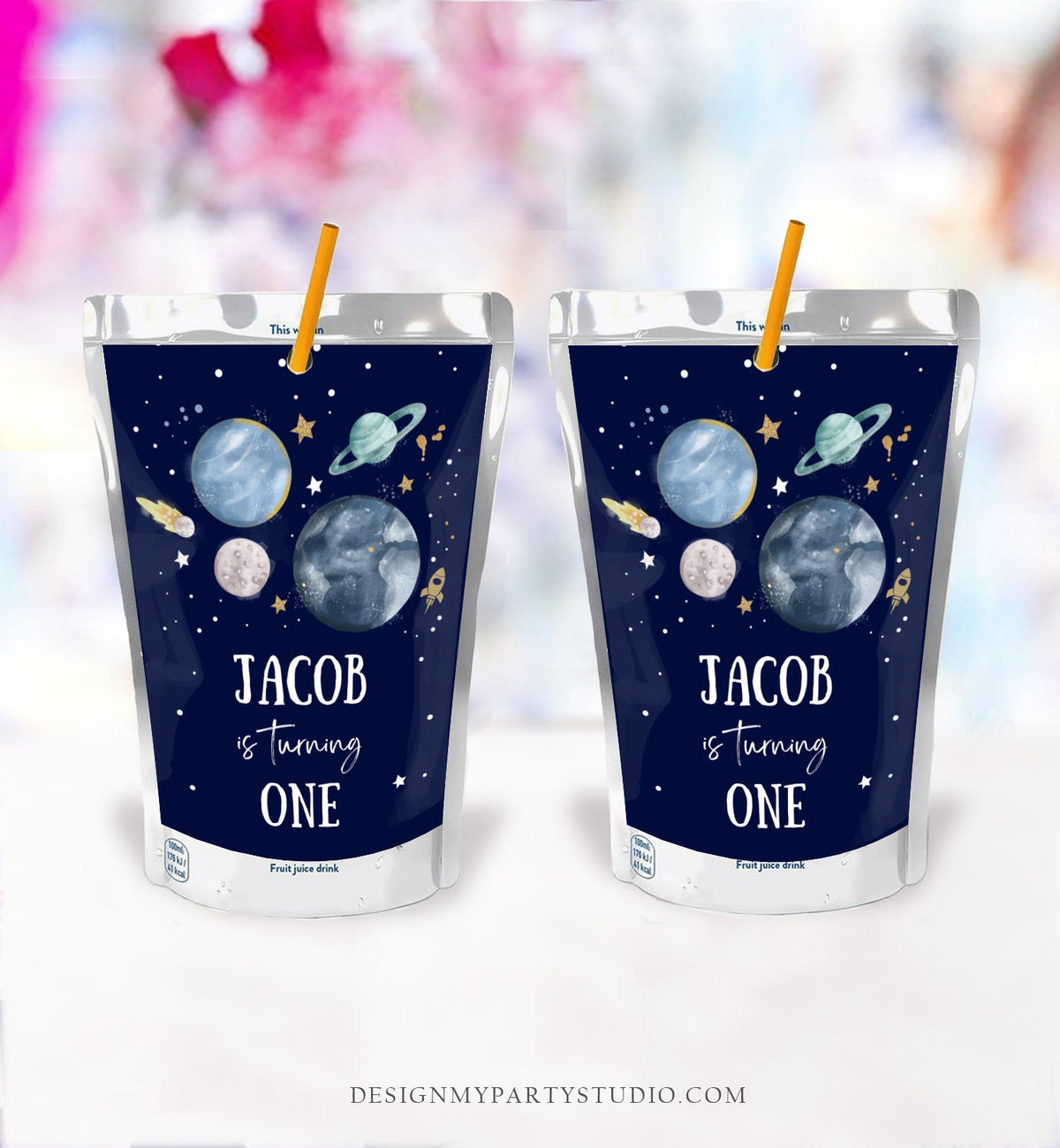 Editable Outer Space Juice Pouch Label Juice Favors Planets Astronaut Rocket Boy Birthday Blue Digital Download Template Printable 0357