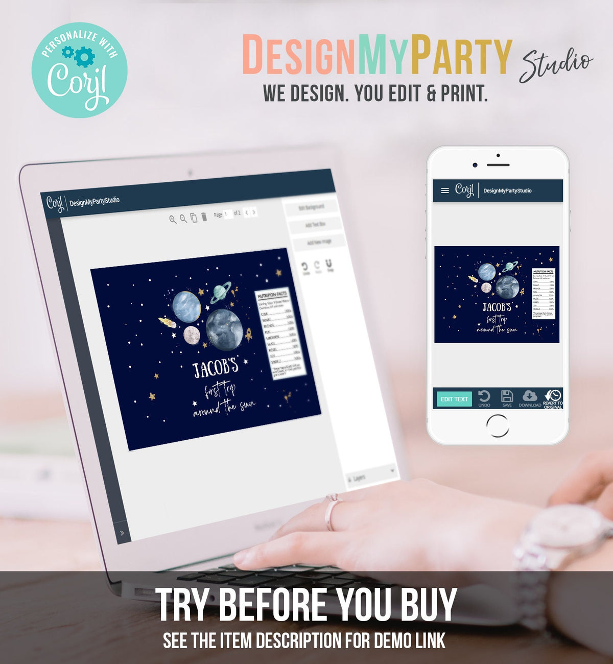 Editable Outer Space Chip Bag First Trip Around the Sun 1st Birthday Party Decor Boy Astronaut Galaxy Favors Digital Template Printable 0357