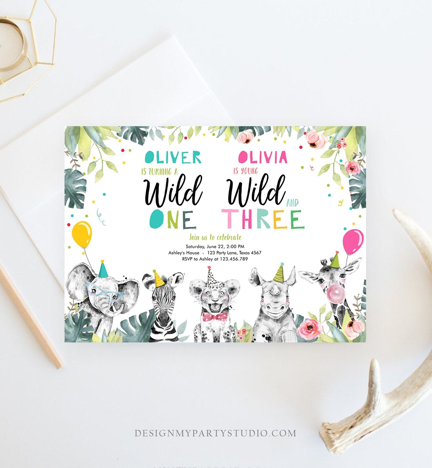 Editable Wild One Young Wild and Three Birthday Invitation Party Animals Boy Girl First Third 1st 3rd Safari Coed Joint Corjl Template 0322