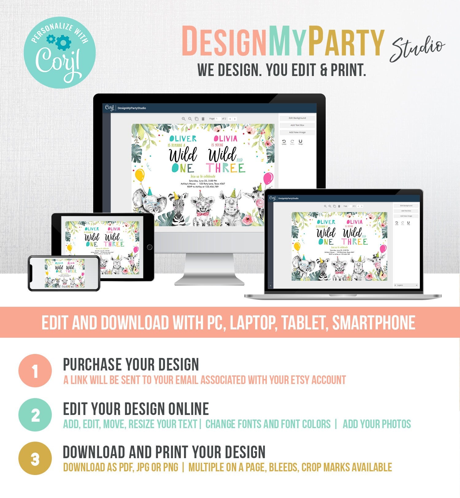 Editable Wild One Young Wild and Three Birthday Invitation Party Animals Boy Girl First Third 1st 3rd Safari Joint Digital Template 0322