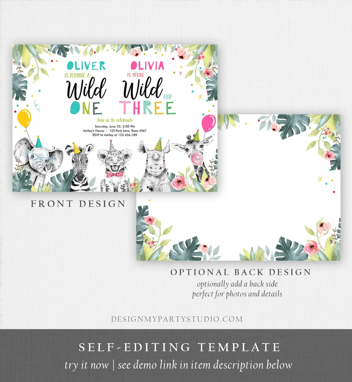Editable Wild One Young Wild and Three Birthday Invitation Party Animals Boy Girl First Third 1st 3rd Safari Joint Digital Template 0322