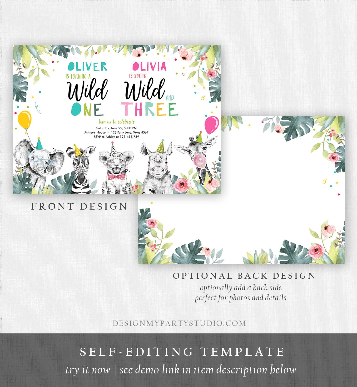 Editable Wild One Young Wild and Three Birthday Invitation Party Animals Boy Girl First Third 1st 3rd Safari Joint Digital Template 0322