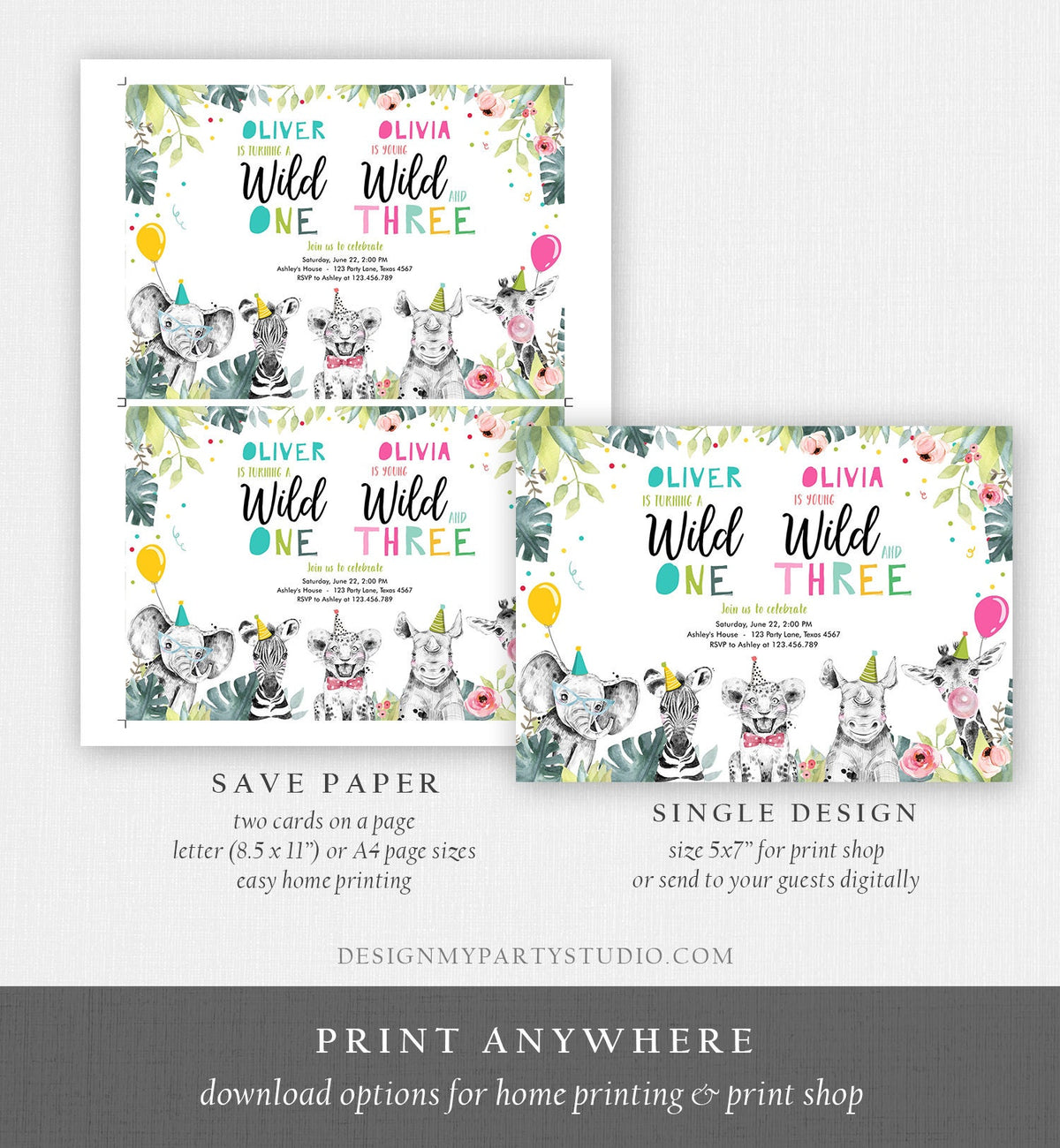 Editable Wild One Young Wild and Three Birthday Invitation Party Animals Boy Girl First Third 1st 3rd Safari Joint Digital Template 0322