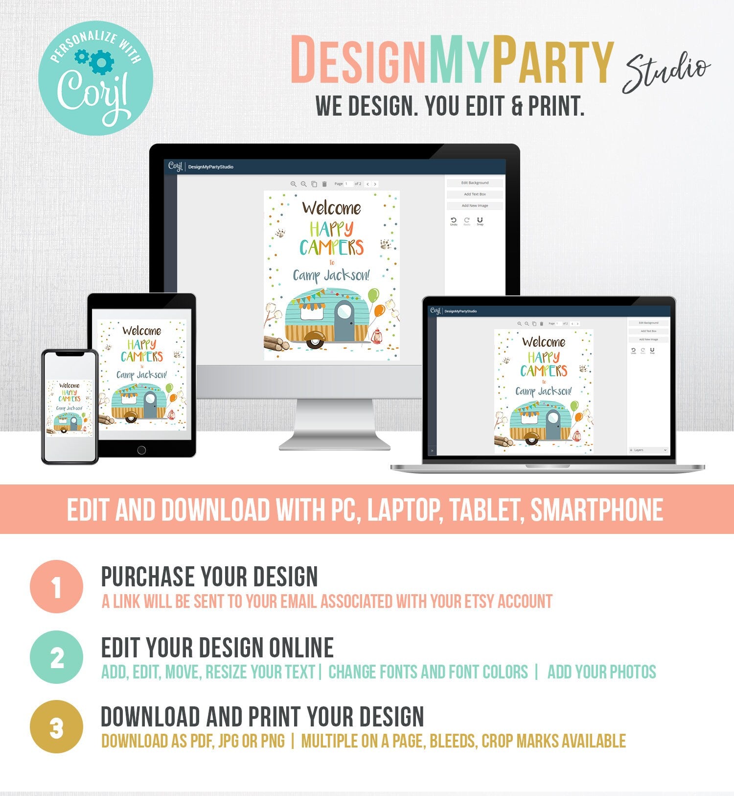 Editable Happy Camper Welcome Sign Camp Birthday Party Boy Smores Bear Camping Glamping Outdoor Fishing Digital Template Printable 0342