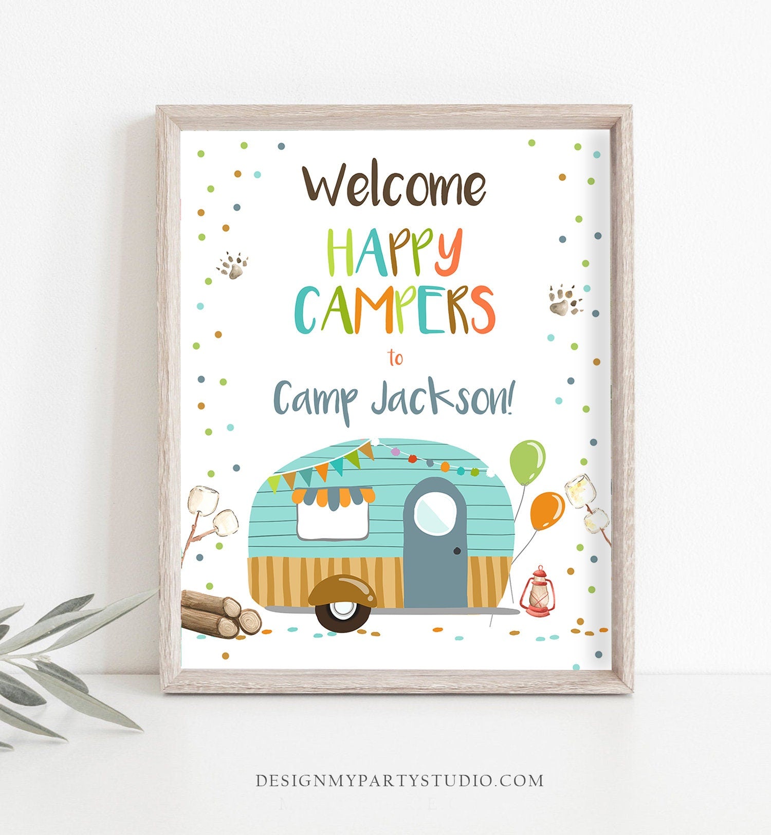 Editable Happy Camper Welcome Sign Camp Birthday Party Boy Smores Bear Camping Glamping Outdoor Fishing Digital Template Printable 0342
