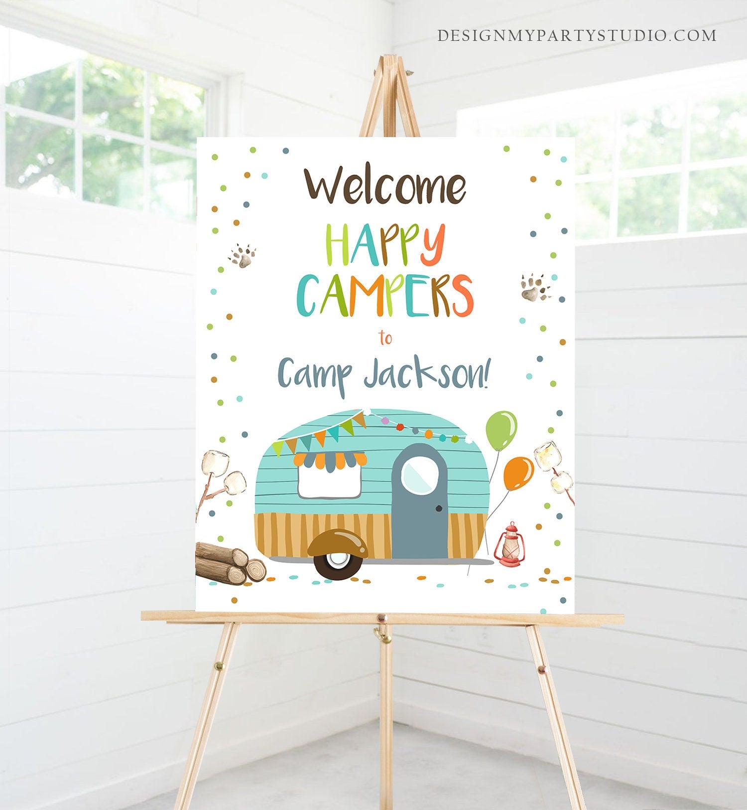 Editable Happy Camper Welcome Sign Camp Birthday Party Boy Smores Bear Camping Glamping Outdoor Fishing Lumberjack Corjl Template 0342