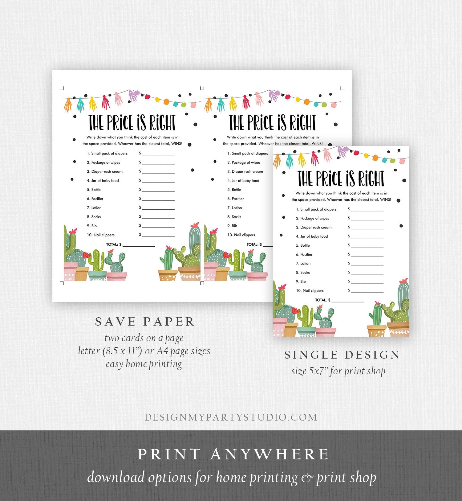 Editable The Price is Right Game Fiesta Baby Shower Cactus Mexican Shower Baby Couples Sprinkle Digital Download Template Printable 0254