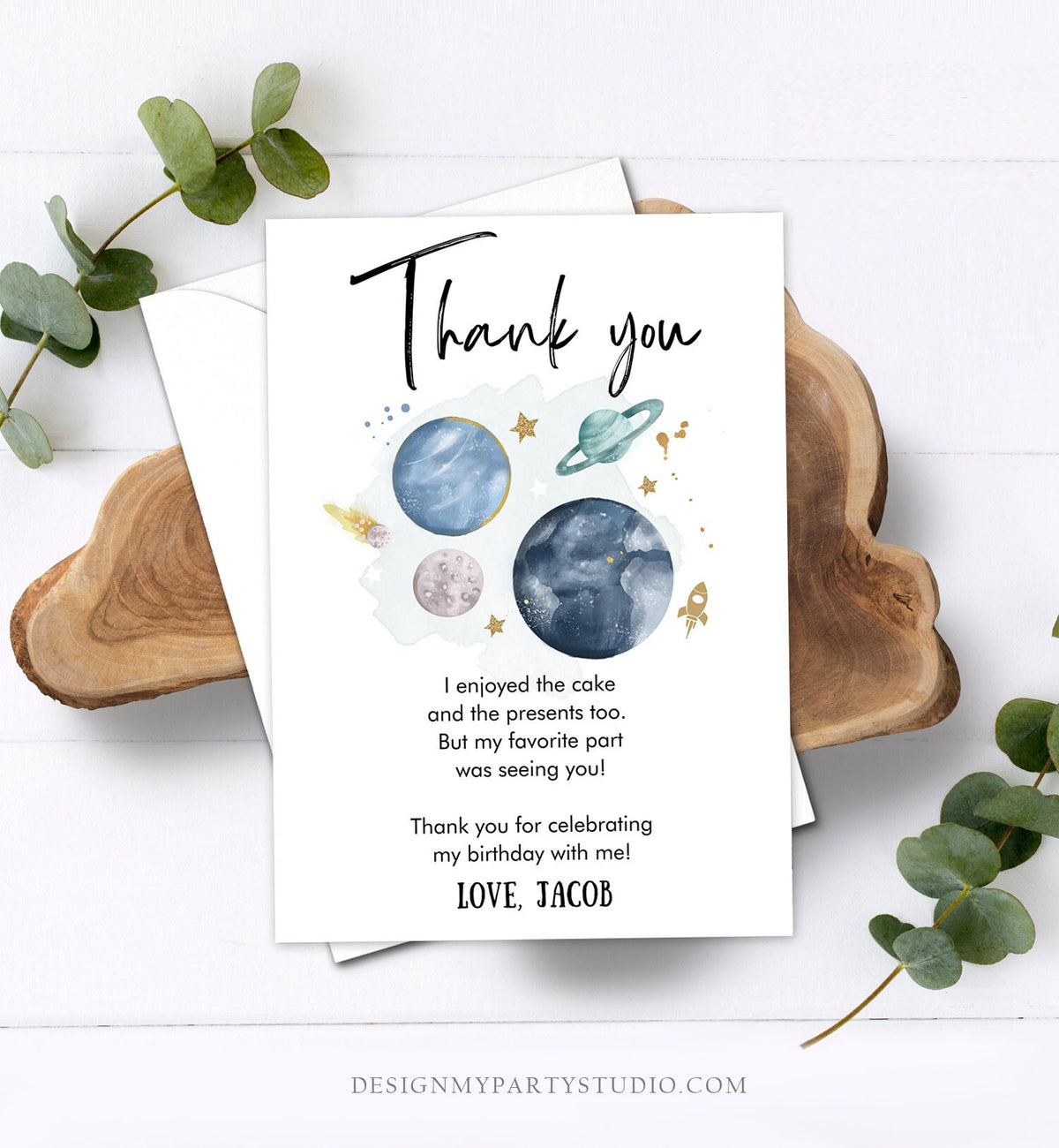 Editable Outer Space Birthday Thank You Card Space Astronaut To the Moon Galaxy Thank You Note Digital Download Template Printable 0357