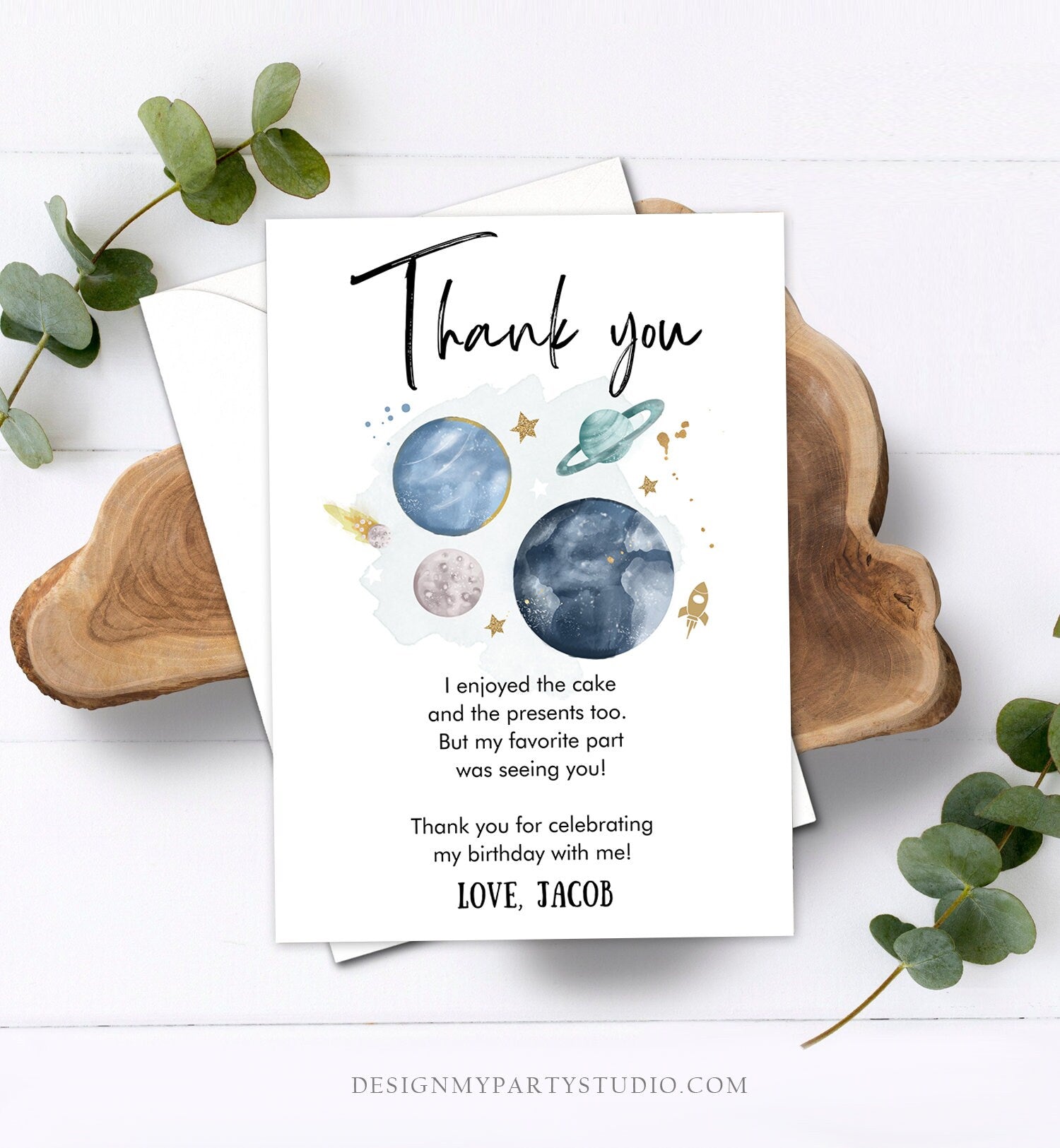 Editable Outer Space Birthday Thank You Card Space Astronaut To the Moon Galaxy Thank You Note Digital Download Template Printable 0357