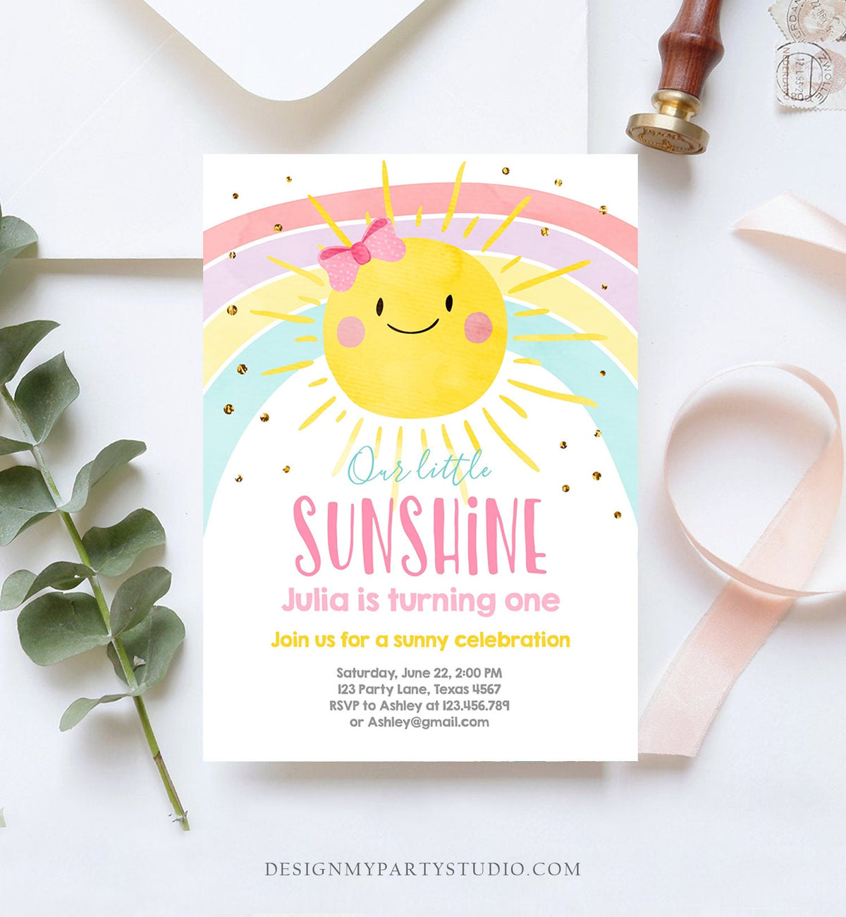 Editable Sunshine and Rainbow Birthday Invitation Pastel Rainbow Birthday Sunshine 1st Birthday Party Girl Digital Template Printable 0402
