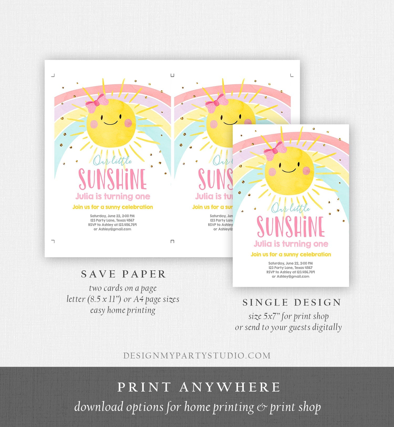 Editable Sunshine and Rainbow Birthday Invitation Pastel Rainbow Birthday Sunshine 1st Birthday Party Girl Digital Template Printable 0402