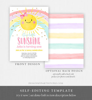 Editable Sunshine and Rainbow Birthday Invitation Pastel Rainbow Birthday Sunshine 1st Birthday Party Girl Download Corjl Template 0402