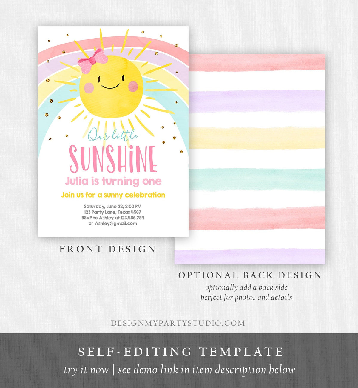Editable Sunshine and Rainbow Birthday Invitation Pastel Rainbow Birthday Sunshine 1st Birthday Party Girl Digital Template Printable 0402