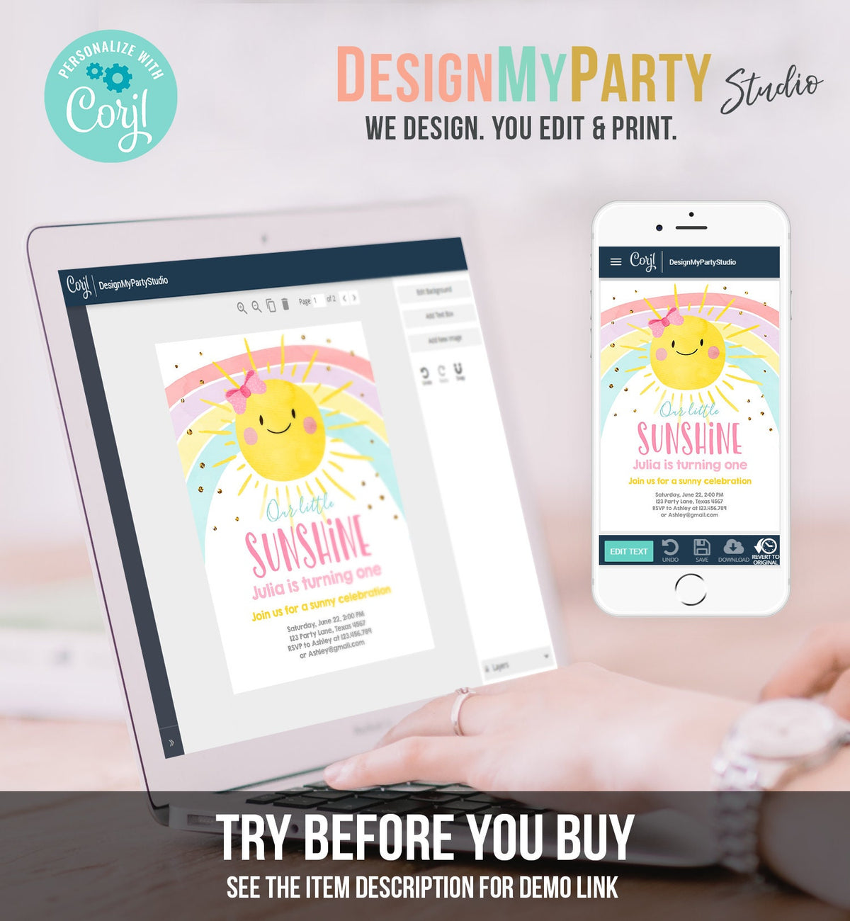 Editable Sunshine and Rainbow Birthday Invitation Pastel Rainbow Birthday Sunshine 1st Birthday Party Girl Digital Template Printable 0402